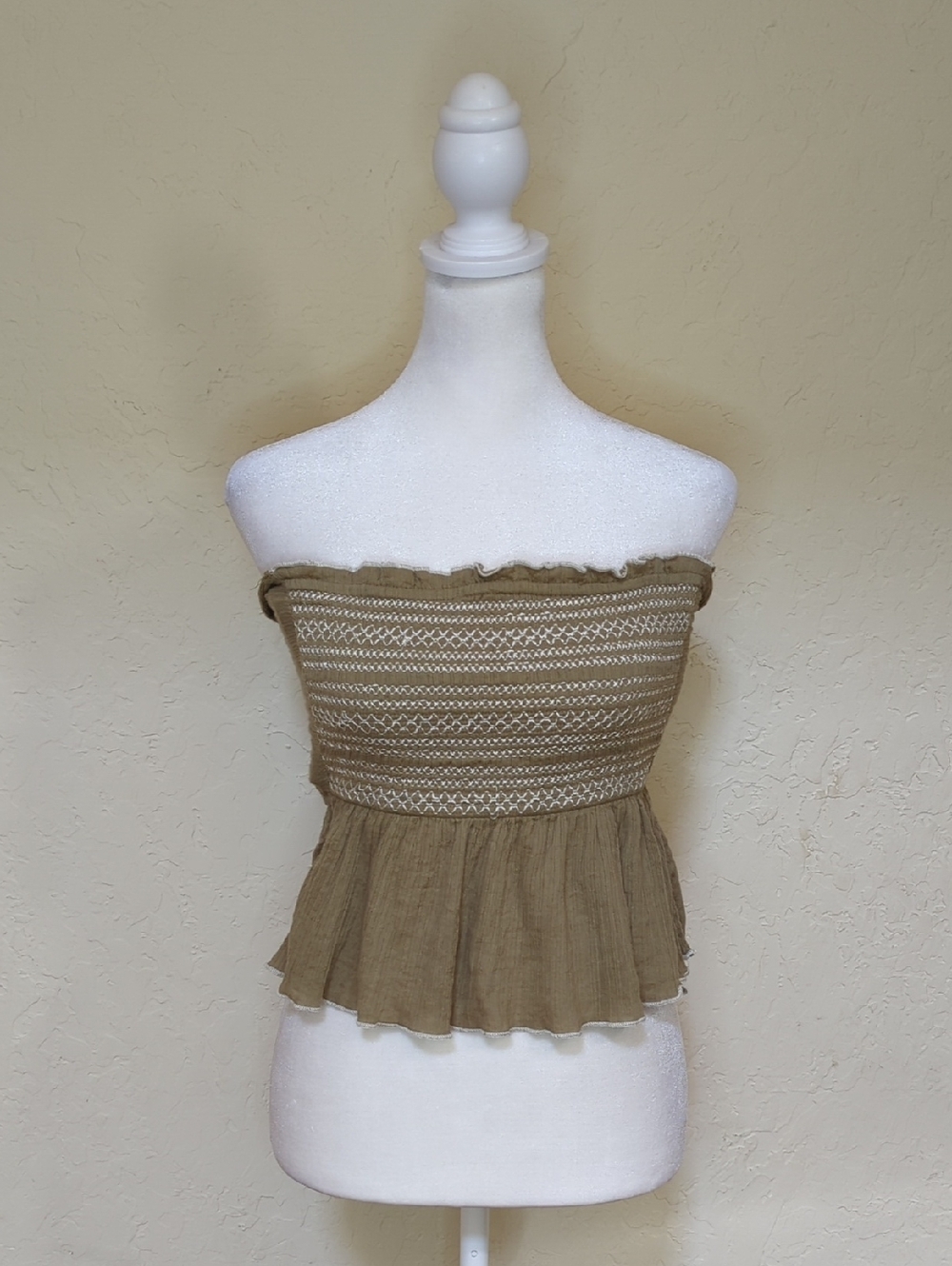 Free People Olive Reversible Smocked Strapless Gauze Peplum Bandeau Top Size XS